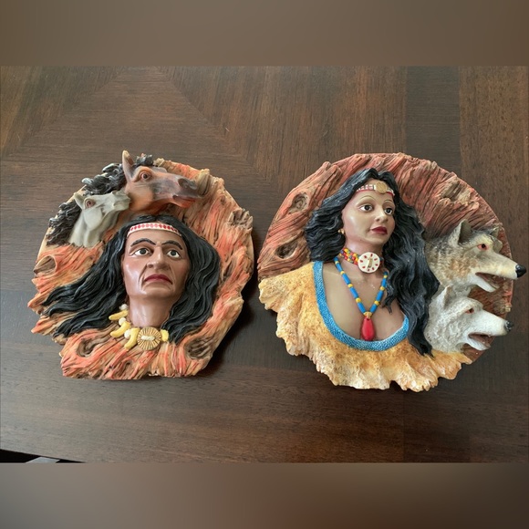 2 Native American Indian Wall or Stand Plaques Hand Painted - Picture 1 of 9